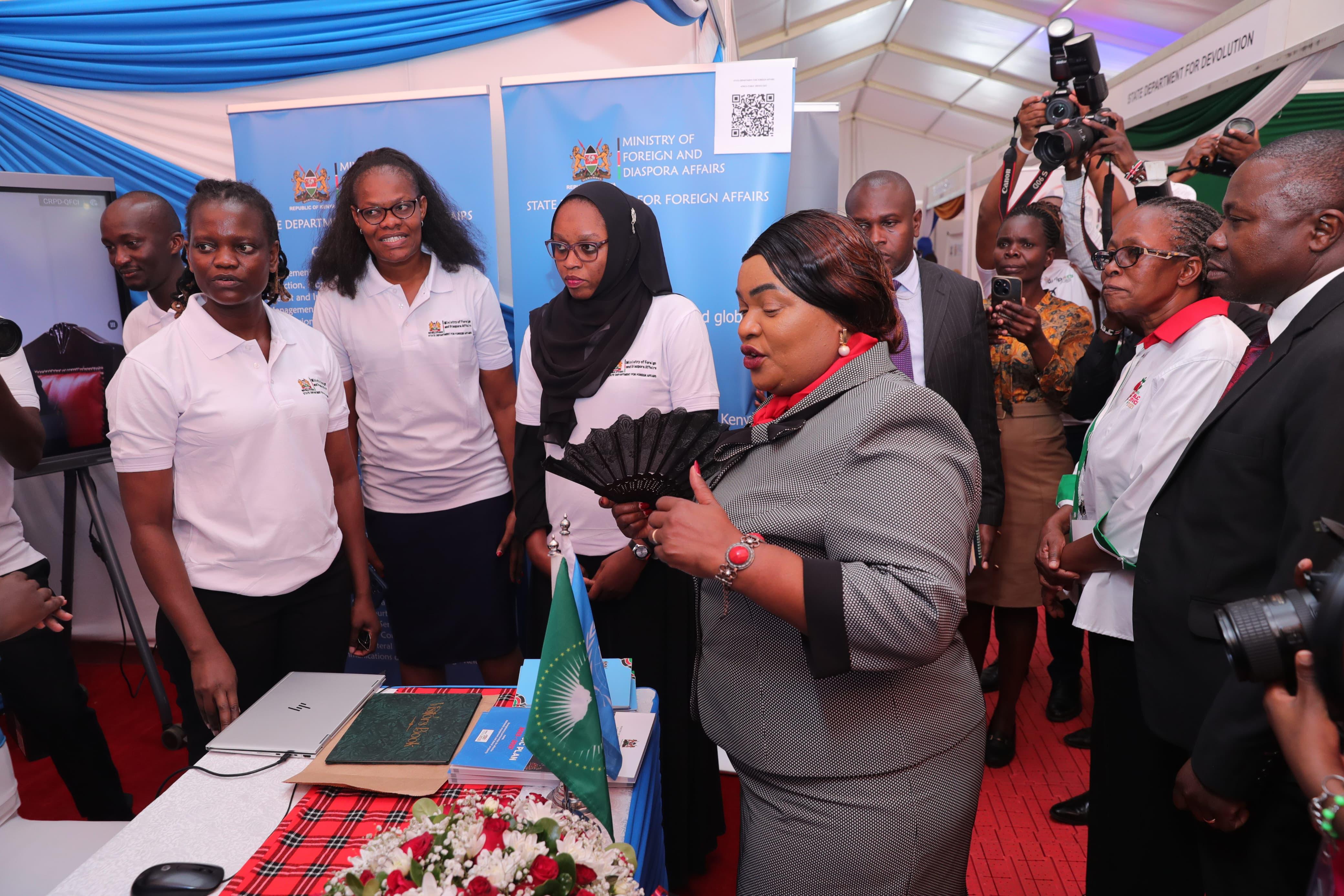 The Principal Secretary for the State Department for Public Service and Human Capital Development, Dr. Jane Kere Imbunya visits the SDFA booth