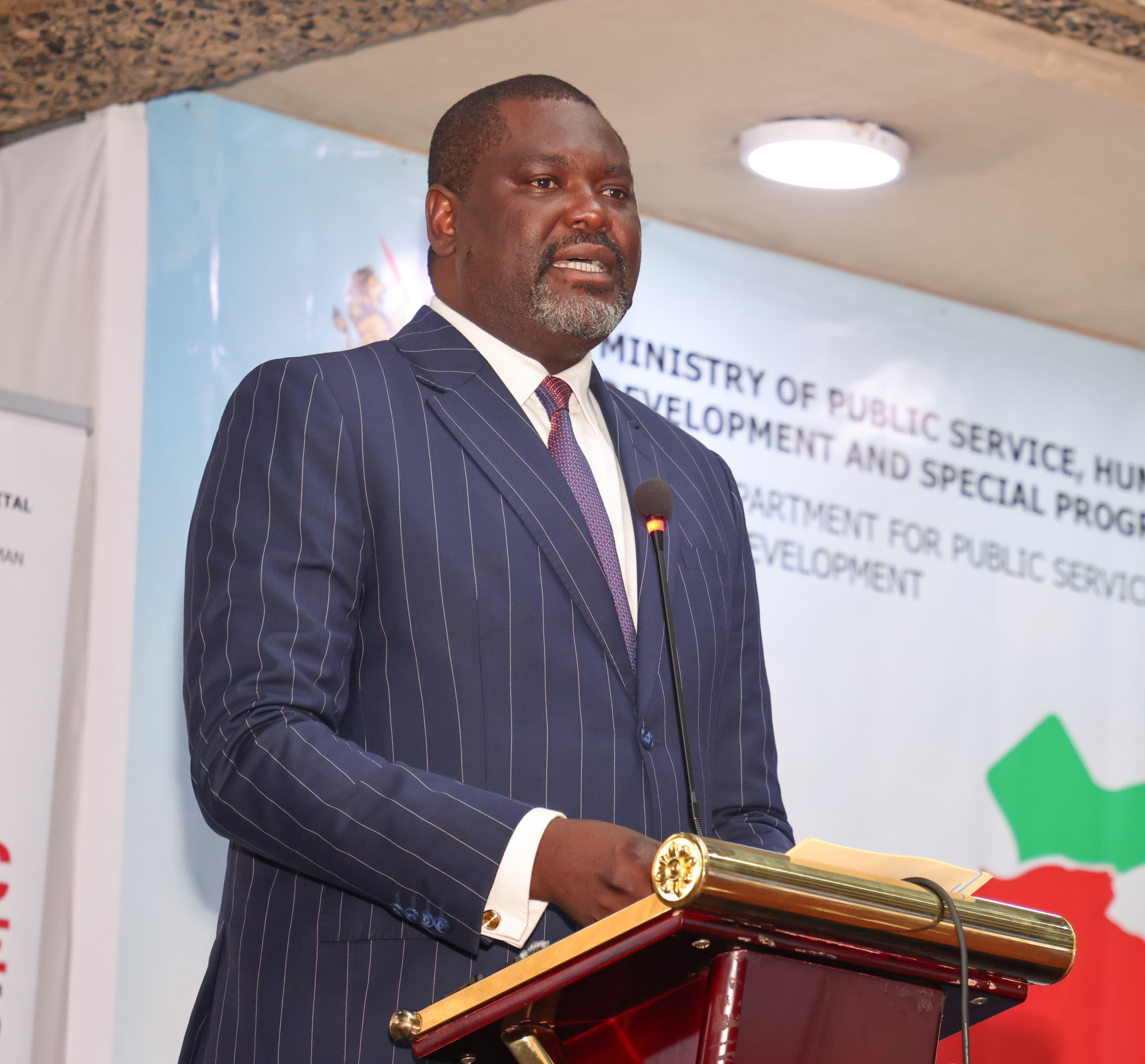 The Cabinet Secretary for the Ministry of Public Service, Hon. Geoffrey Ruku Kiringa making his speech