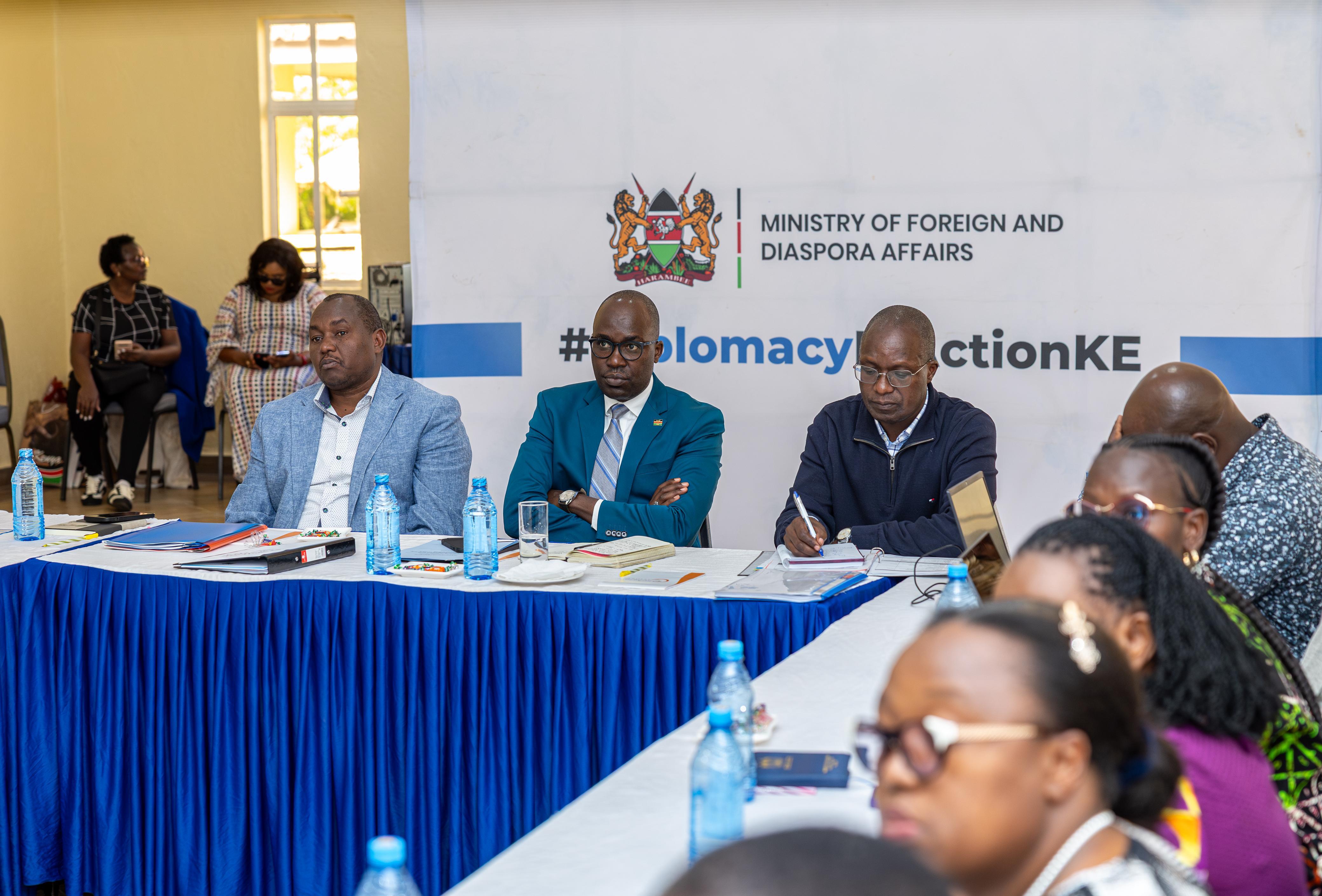 Principal Secretary Dr. Korir SingOei, Amb. Michael Kiboino and Amb. Joseph Masila during the Strategic Reflective Retreat