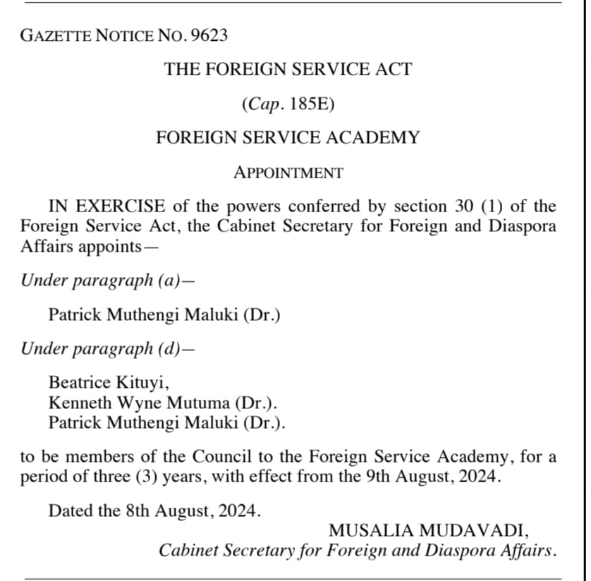 Gazette notification appointing Dr. Patrick Maluki, Beatrice Kituyi, and Dr. Kenneth Wyne Mutuma to the Foreign Service Academy Council for three years effective August 9, 2024.