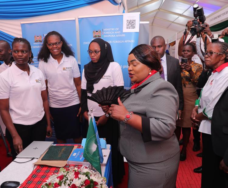 The Principal Secretary for the State Department for Public Service and Human Capital Development, Dr. Jane Kere Imbunya visits the SDFA booth
